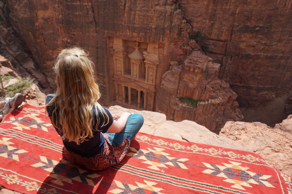 the Treasury in Petra, Jordan - sitting on a blanket overlooking