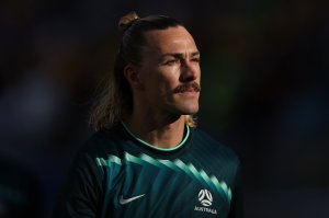 SANTA CLARA, CALIFORNIA - JUNE 25: Australia player Jackson Irvine looks on during the FIFA World Cup 2026 Group D match between Paraguay and Australia at San Francisco Bay Area Stadium on June 25, 2026 in Santa Clara, California. (Photo by Stu Forster/Getty Images)