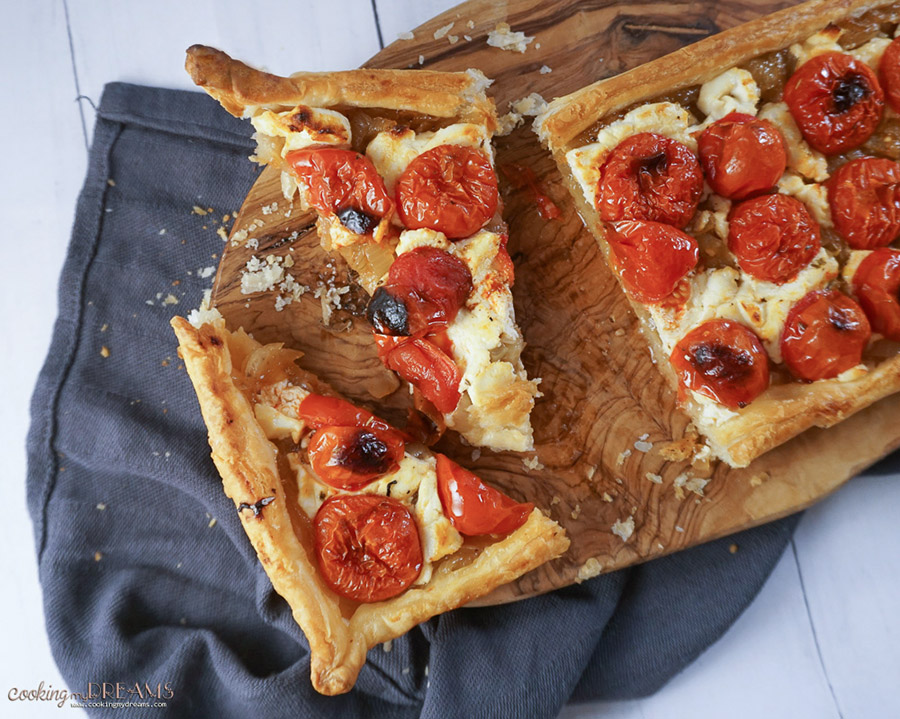slices cut of onion goat cheese tomato tart