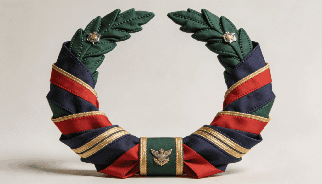 Patriotic Memorial Day wreath with military branch colors and insignia.