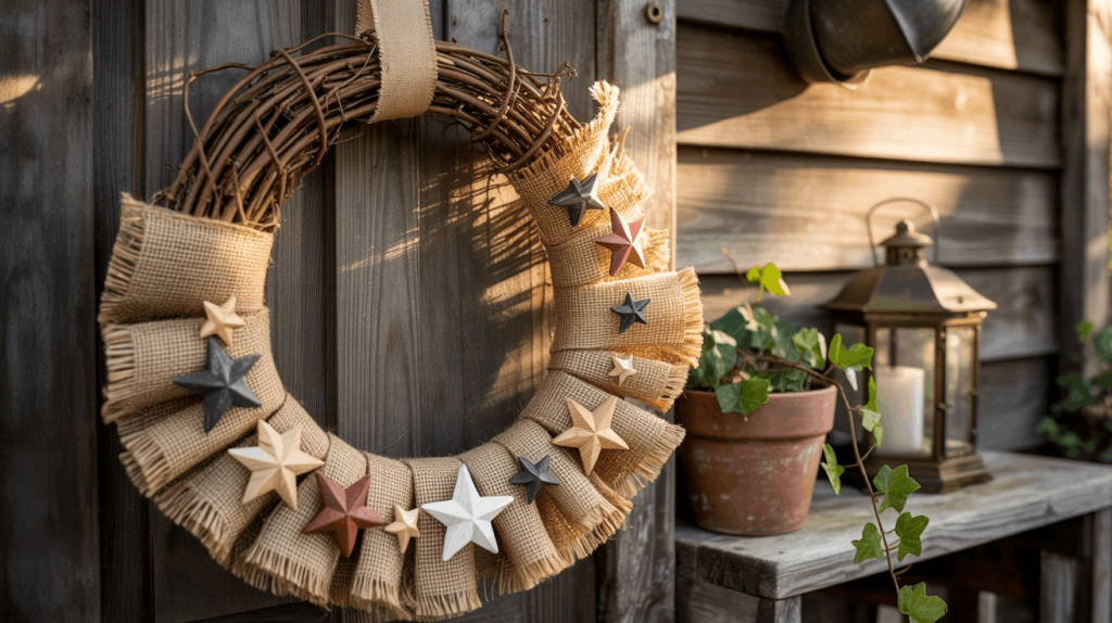 Rustic burlap and stars wreath with wooden accents on a dark wooden front door.