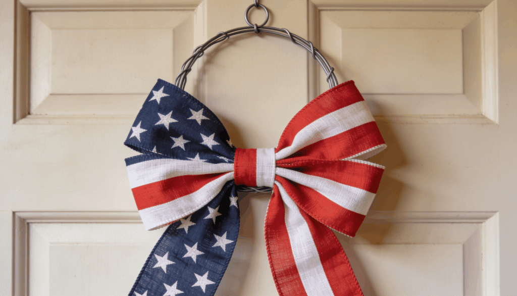 Simplistic American flag ribbon wreath hanging on a front door for Memorial Day.
