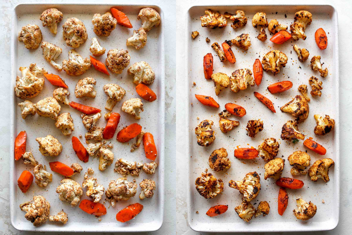 Cauliflower florets and carrots being baked on a white baking sheet