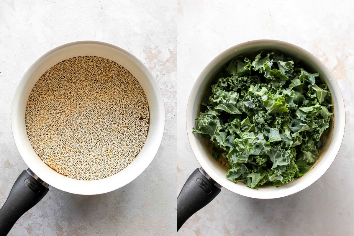 Quinoa being cooked in a saucepan and mixed with shredded kale
