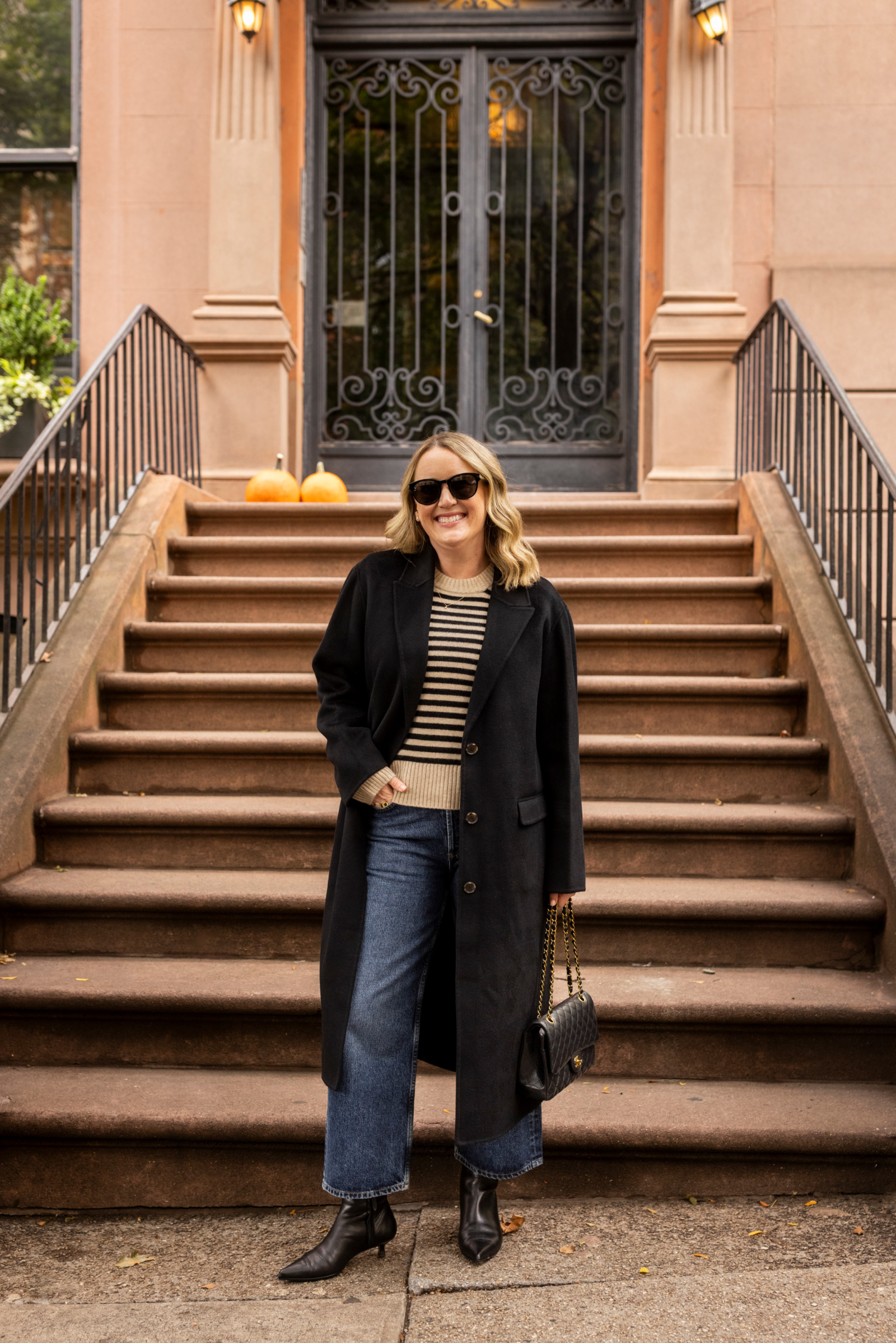 Striped Sweater + Wide Leg Denim + Kitten Heeled Boots
