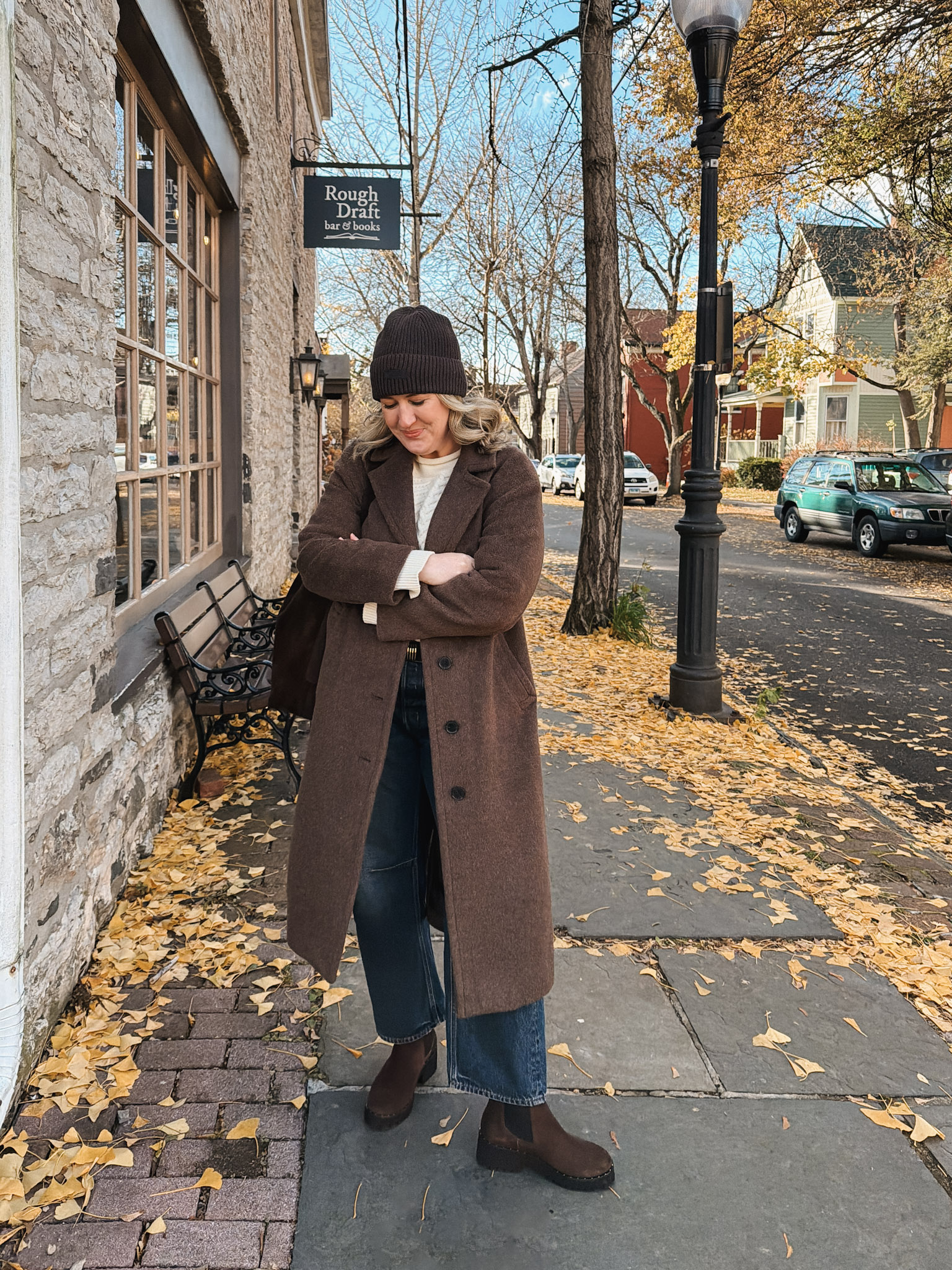 Wit & Whimsy wearing a Madewell Coat