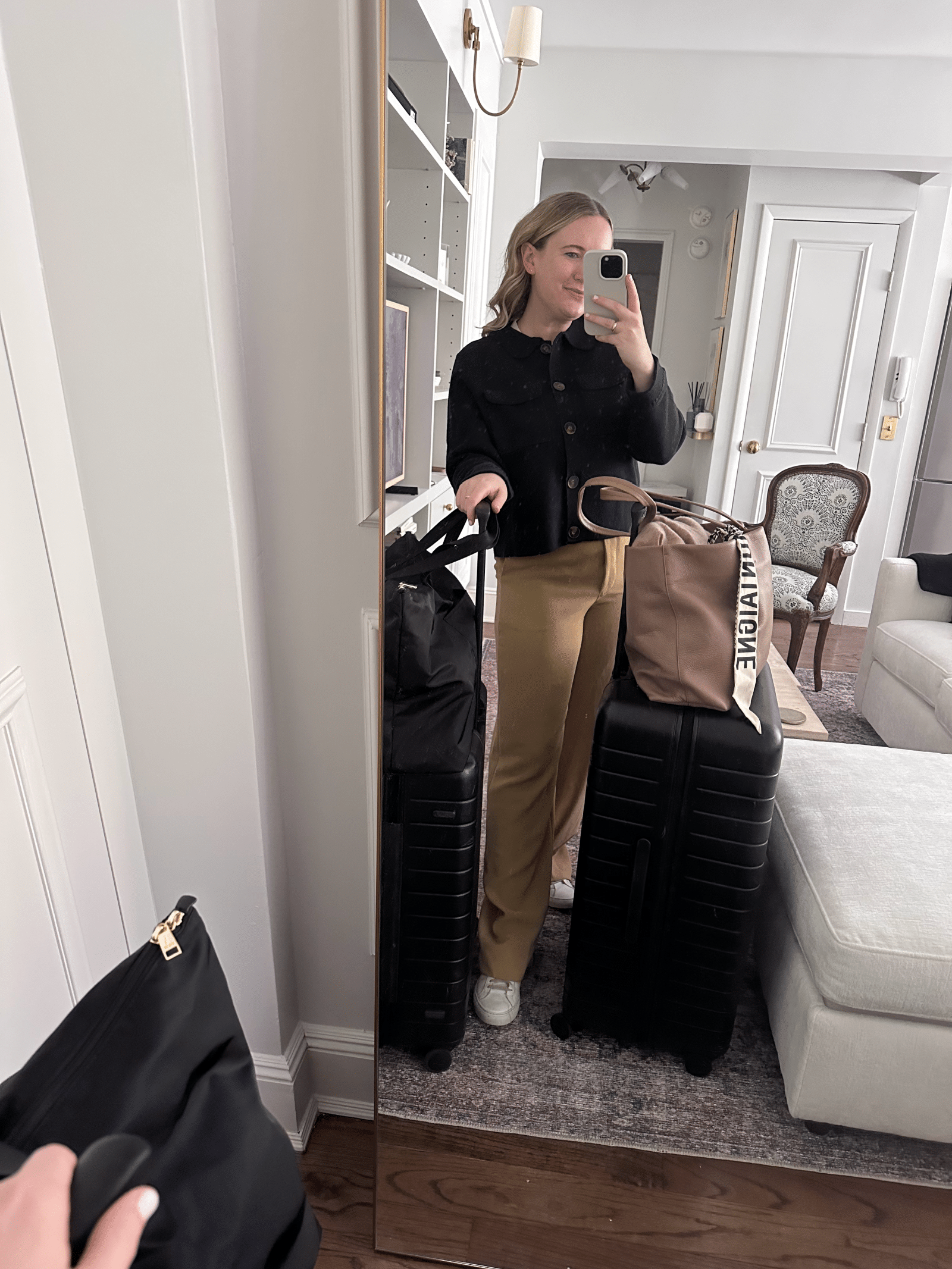 Wearing the Sezane Betty Jacket and the Artizia Effortless Pant