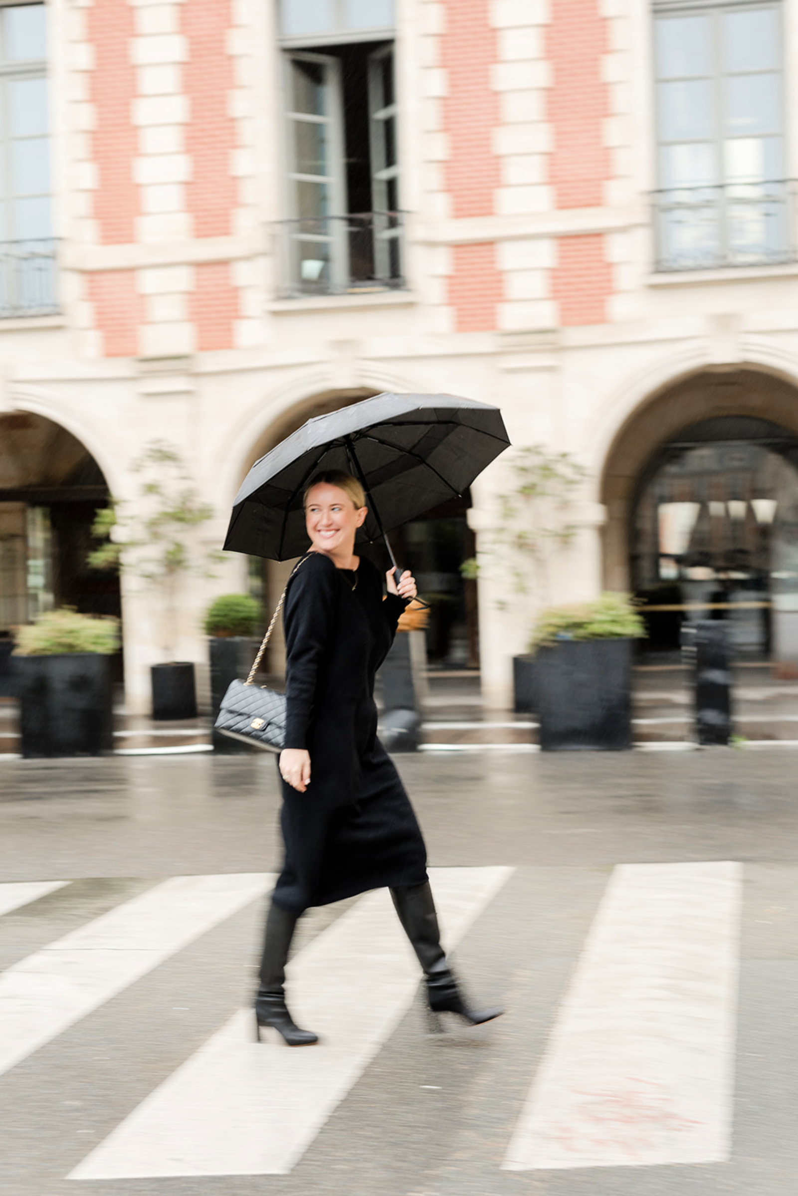 Fall Paris Outfit in the Rain - Sweater Dress and Boots